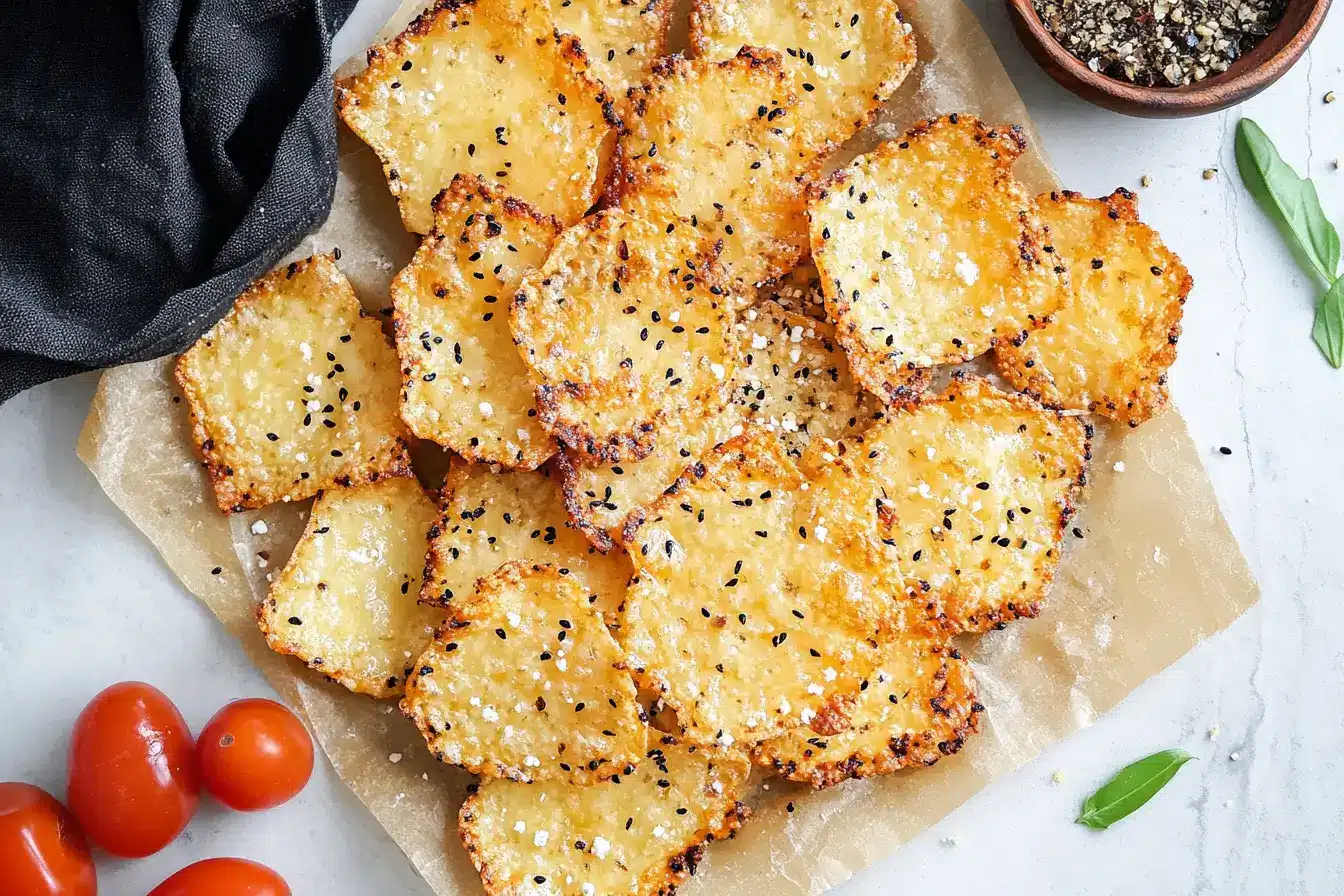 3-Step Crispy Ricotta Chips–Style Cottage Cheese Chips Recipe 2 Golden-baked crispy ricotta cheese chips sprinkled with black sesame seeds and sea salt, served on parchment paper