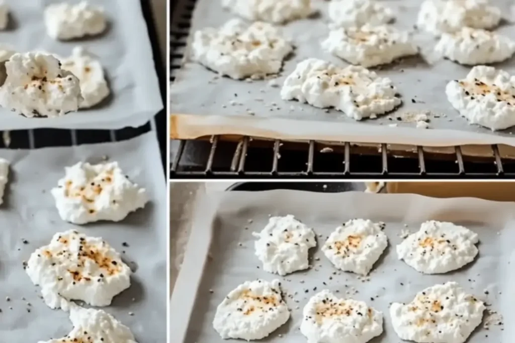 3-Step Crispy Ricotta Chips–Style Cottage Cheese Chips Recipe 6 Step-by-step process of making ricotta cheese chips: spooning ricotta onto parchment, seasoning, baking in the oven, and cooling