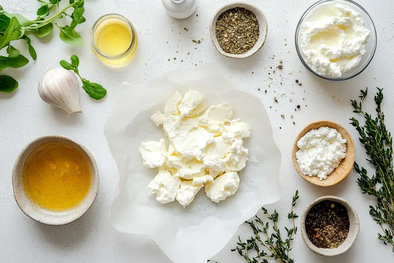 3-Step Crispy Ricotta Chips–Style Cottage Cheese Chips Recipe 5 Ingredients for crispy ricotta chips arranged on a white surface, including ricotta cheese, garlic, herbs, olive oil, and spices