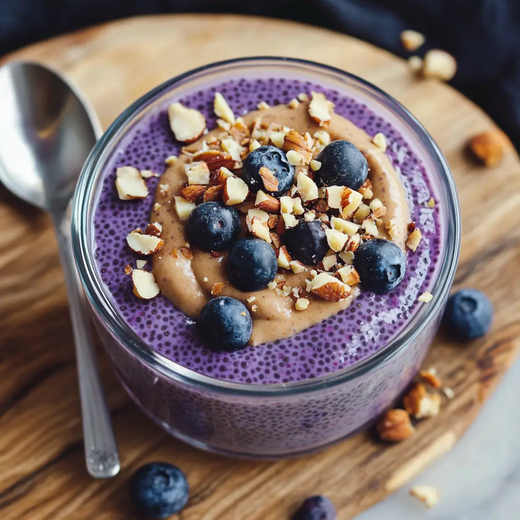 Peanut Butter Chia Pudding: 5 Delicious and Healthy Variations to Try 4 Close-up of vibrant purple berry chia pudding topped with peanut butter, fresh blueberries, and chopped almonds