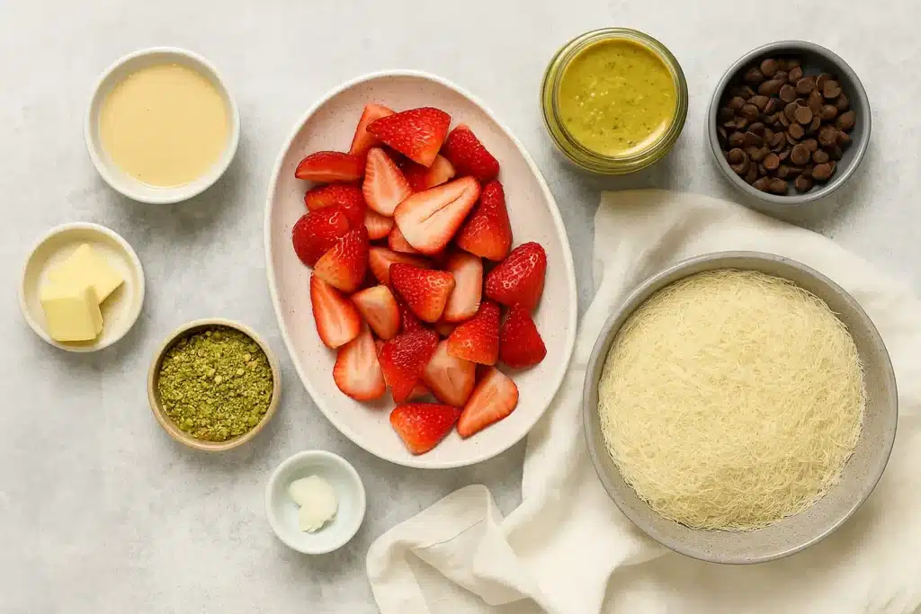 Viral Dubai Chocolate Strawberry Cups: A Healthy To-Go Dessert 5 Flat lay of ingredients for Dubai chocolate strawberries including kataifi dough, pistachio butter, halved strawberries, chocolate chips, and tahini