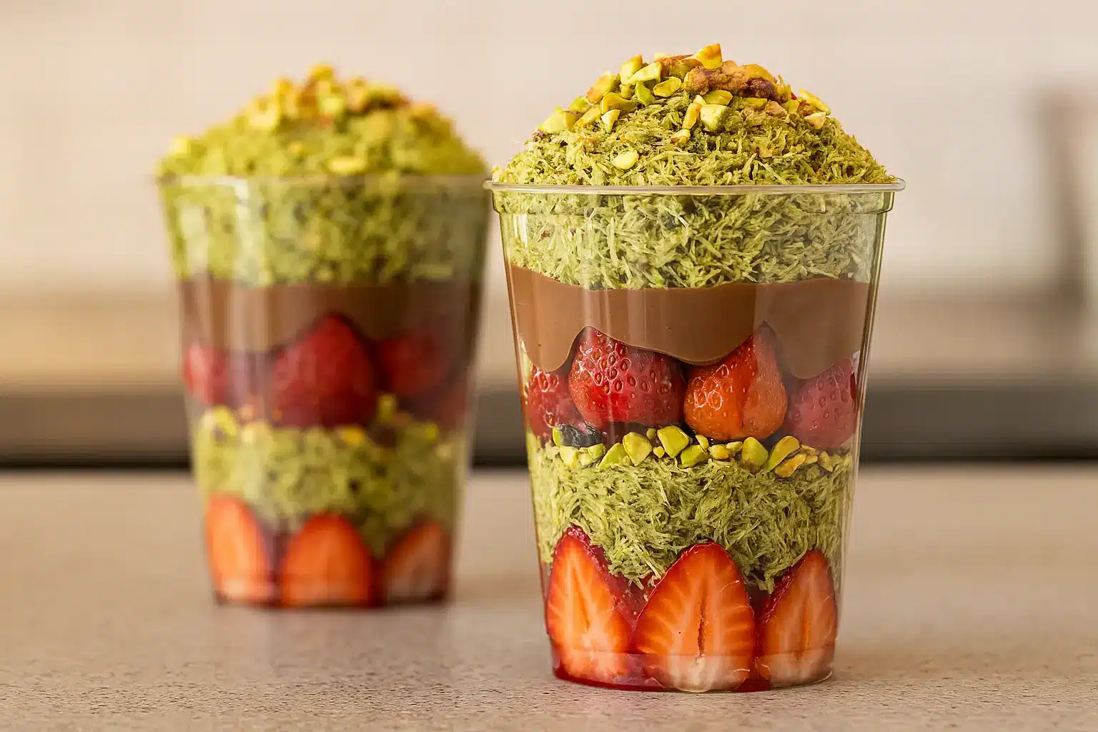 Viral Dubai Chocolate Strawberry Cups: A Healthy To-Go Dessert 2 Layered Dubai chocolate strawberry dessert with pistachio kataifi, fresh strawberries, and chocolate ganache in a clear plastic cup