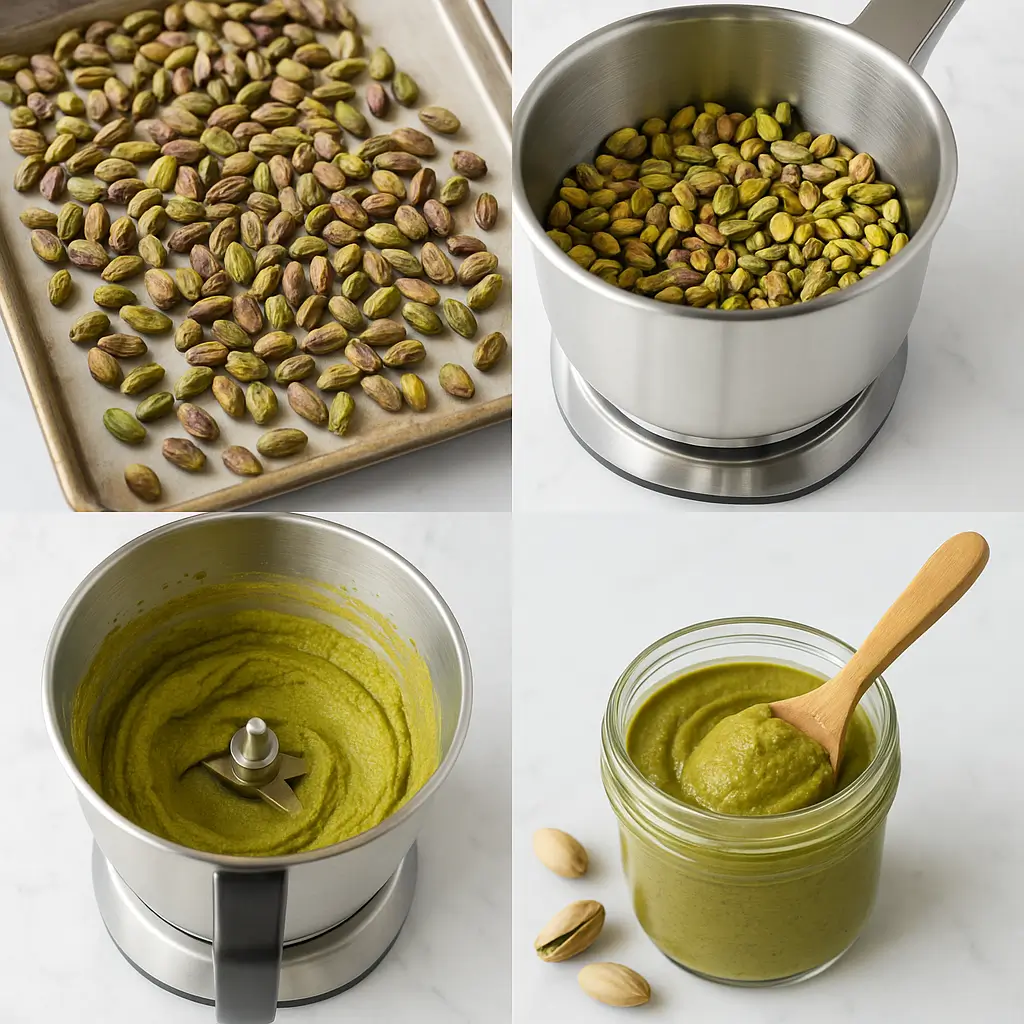 Homemade Pistachio Nut Butter: Creamy, Healthy, and So Easy to Make 4 Step-by-step process of making homemade pistachio nut butter from roasting to blending