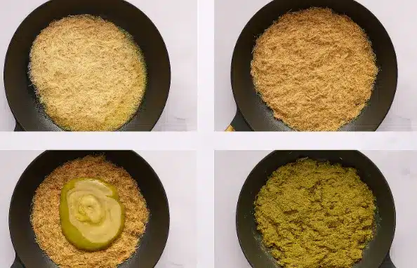 Viral Dubai Chocolate Strawberry Cups: A Healthy To-Go Dessert 6 Step-by-step preparation of kataifi dough with butter, pistachio cream, and tahini in a skillet
