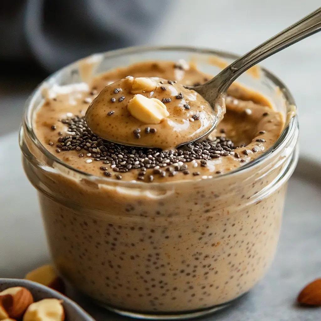 Peanut Butter Chia Pudding: 5 Delicious and Healthy Variations to Try 2 Close-up of peanut butter chia pudding with chia seeds and peanuts, one spoonful lifted from a glass jar