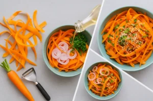 Step-by-step collage showing carrot ribbons, shallots, fresh parsley, and sesame seeds being assembled into a vibrant carrot salad with dressing.