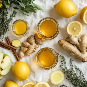 Flat-lay of ingredients for apple cider vinegar detox recipe for weight loss