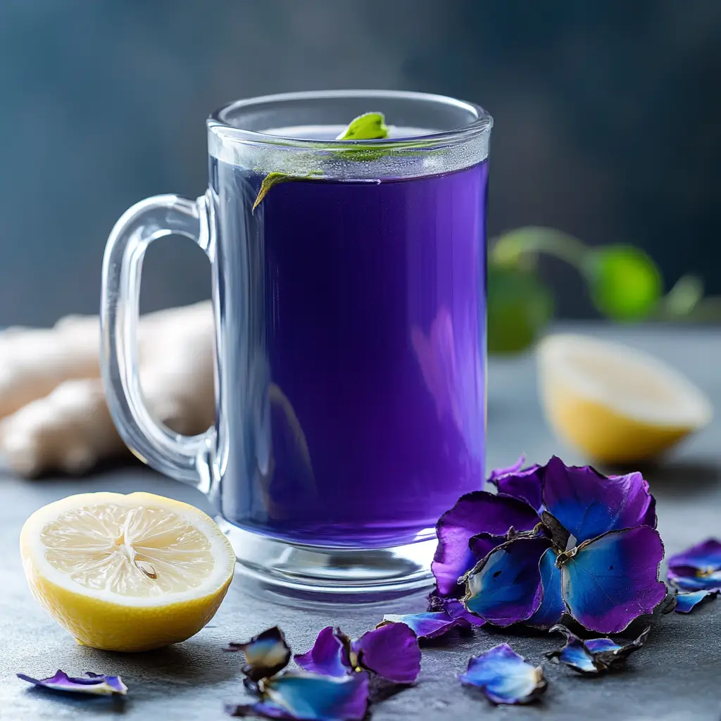 7 Flavorful Variations of Ginger Detox Tea You Need to Try Right Now 3 vibrant blue ginger detox tea in a tall glass