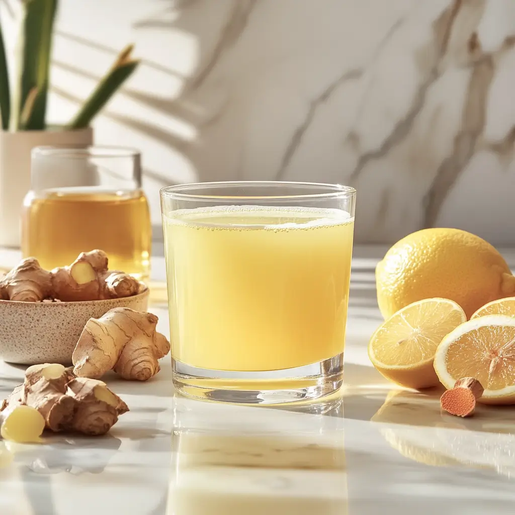 Brazilian Mounjaro Drink Is the Viral 3-Ingredient Tonic You’ll Actually Want to Try 2 Brazilian Mounjaro drink with lemon, ginger, and apple cider vinegar on a marble countertop