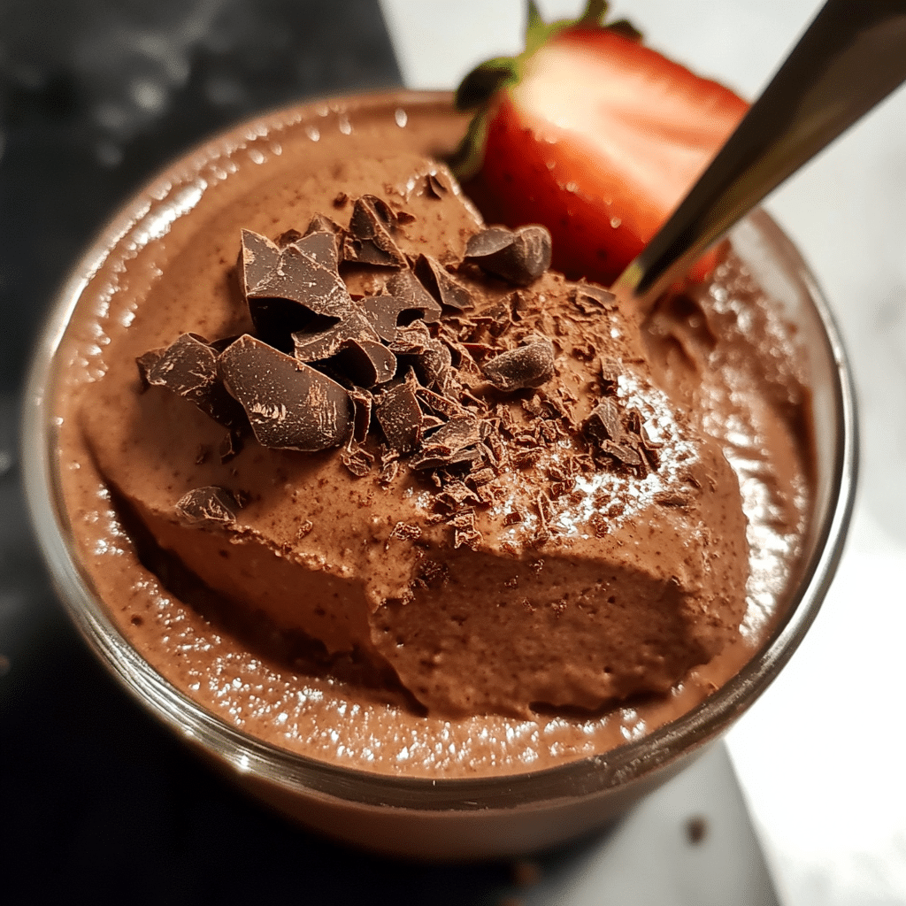 Healthy Protein Chocolate Mousse: Low-Calorie, High-Protein Treat 4 Close-up of creamy healthy protein chocolate mousse topped with dark chocolate shavings and strawberry