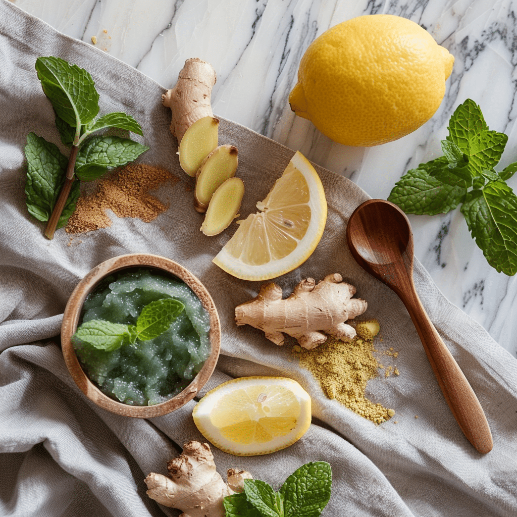 Discover the Surprising Benefits of Sea Moss Detox for Your Wellness Journey 3 Detox ingredients including green sea moss gel, lemon slices, fresh ginger, and mint leaves arranged on a light linen cloth over a marble surface.