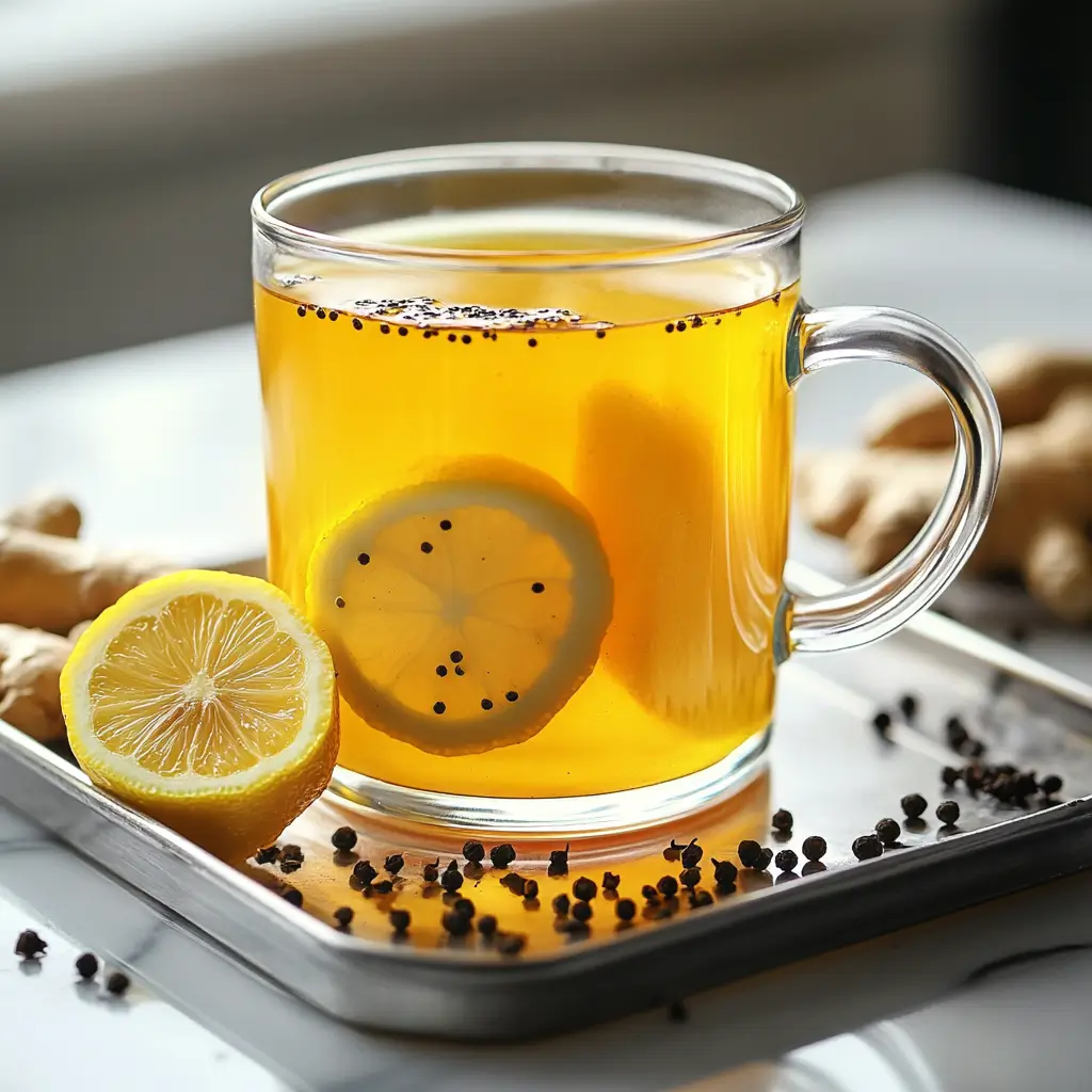 7 Flavorful Variations of Ginger Detox Tea You Need to Try Right Now 2 Glass mug of ginger lemon tea with lemon slice and pepper.