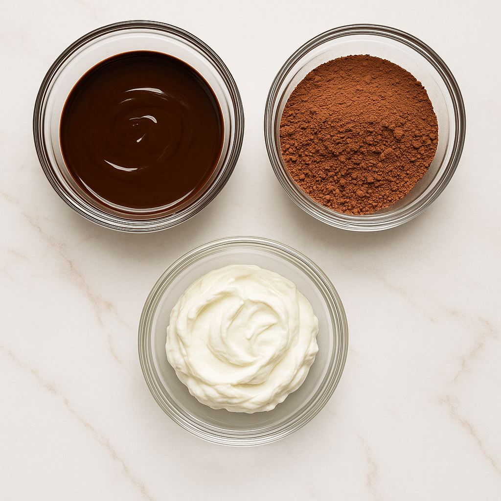 Healthy Protein Chocolate Mousse: Low-Calorie, High-Protein Treat 2 Ingredients for healthy protein chocolate mousse in glass bowls on marble surface