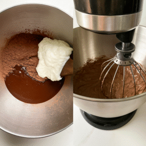 Mixing ingredients for healthy protein chocolate mousse in a stand mixer bowl