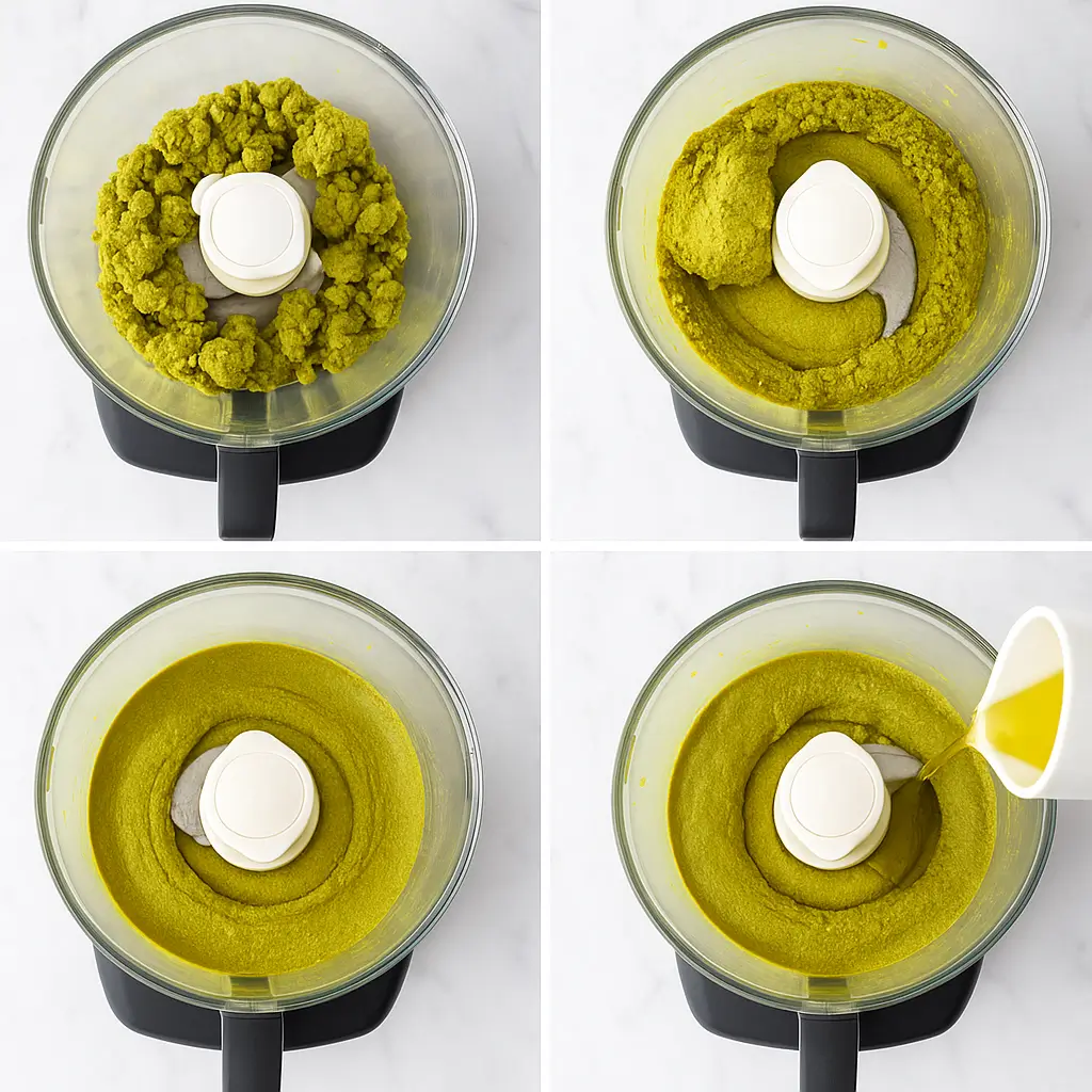 Homemade Pistachio Nut Butter: Creamy, Healthy, and So Easy to Make 5 Visual steps of blending pistachios into smooth nut butter with oil added