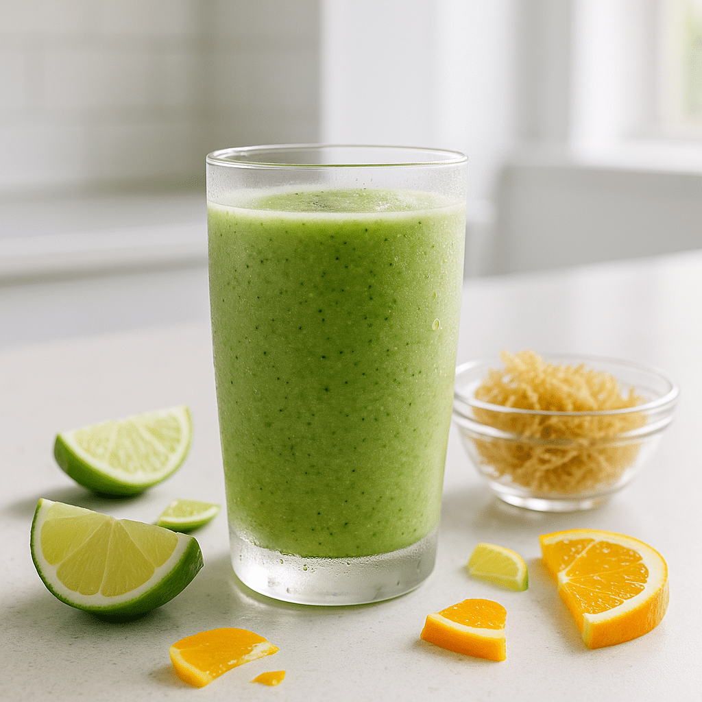 Discover the Surprising Benefits of Sea Moss Detox for Your Wellness Journey 2 Sea moss smoothie with citrus slices and raw sea moss on a modern counter, showcasing benefits of sea moss detox.