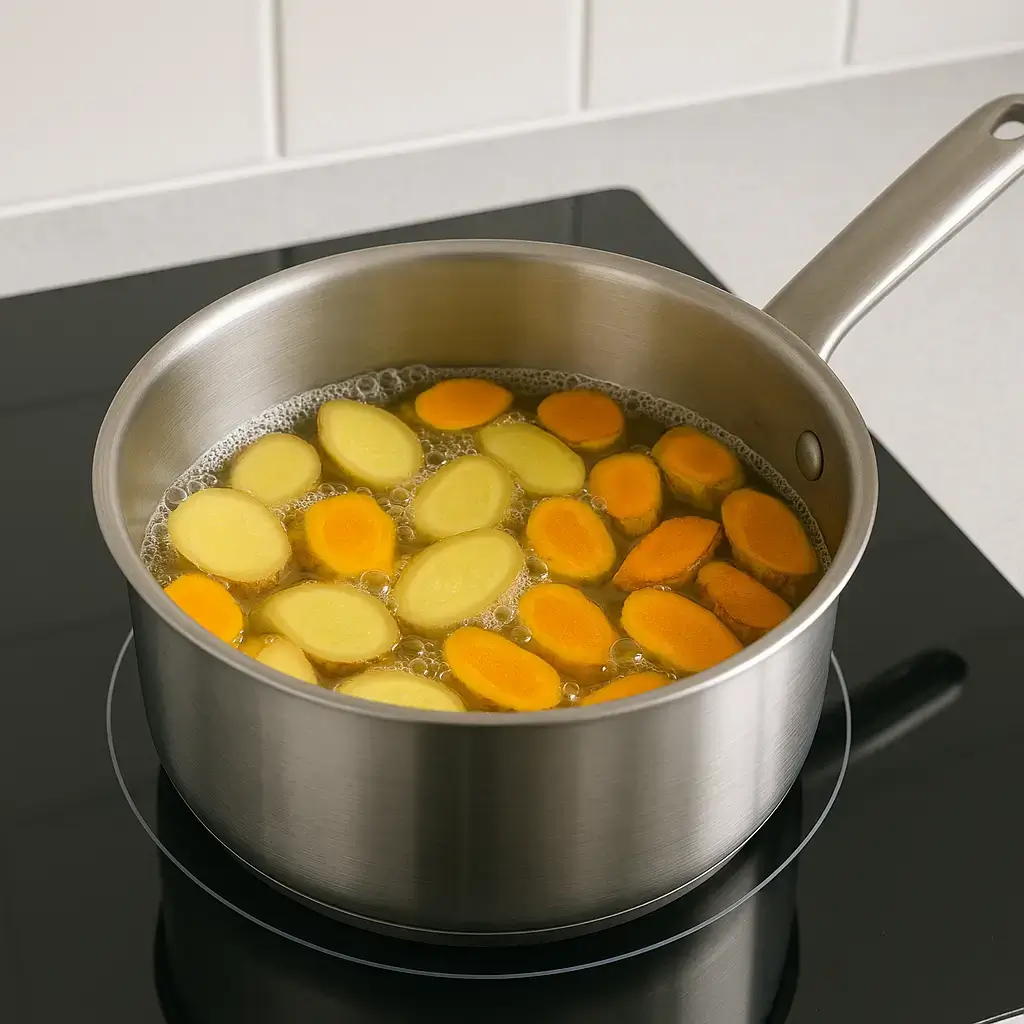 Discover the Health Benefits of Turmeric-Ginger Green Tea: A Must-Try Brew! 3 simmering ginger and turmeric slices in stainless steel pot