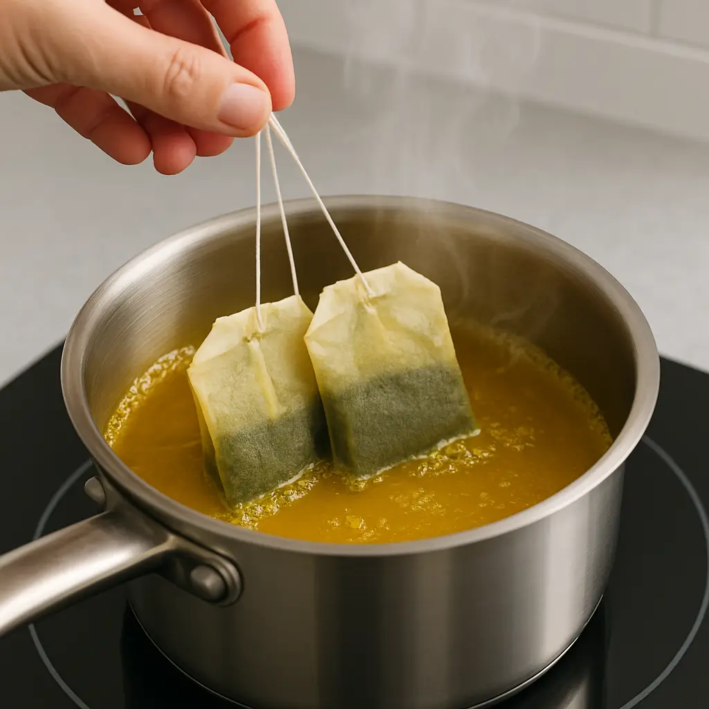 Discover the Health Benefits of Turmeric-Ginger Green Tea: A Must-Try Brew! 6 steeping green tea bags in turmeric-ginger tea mixture