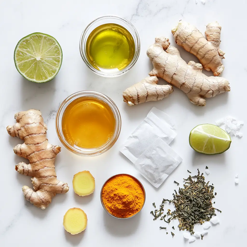 Discover the Health Benefits of Turmeric-Ginger Green Tea: A Must-Try Brew! 5 All the ingredients needed to make turmeric ginger green tea, laid out on a clean white surface.
