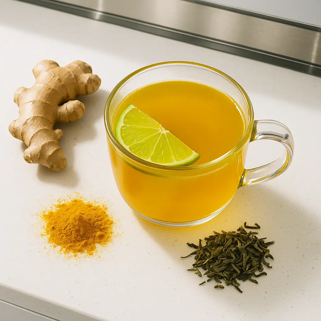 Discover the Health Benefits of Turmeric-Ginger Green Tea: A Must-Try Brew! 2 glass cup of turmeric ginger green tea with lime