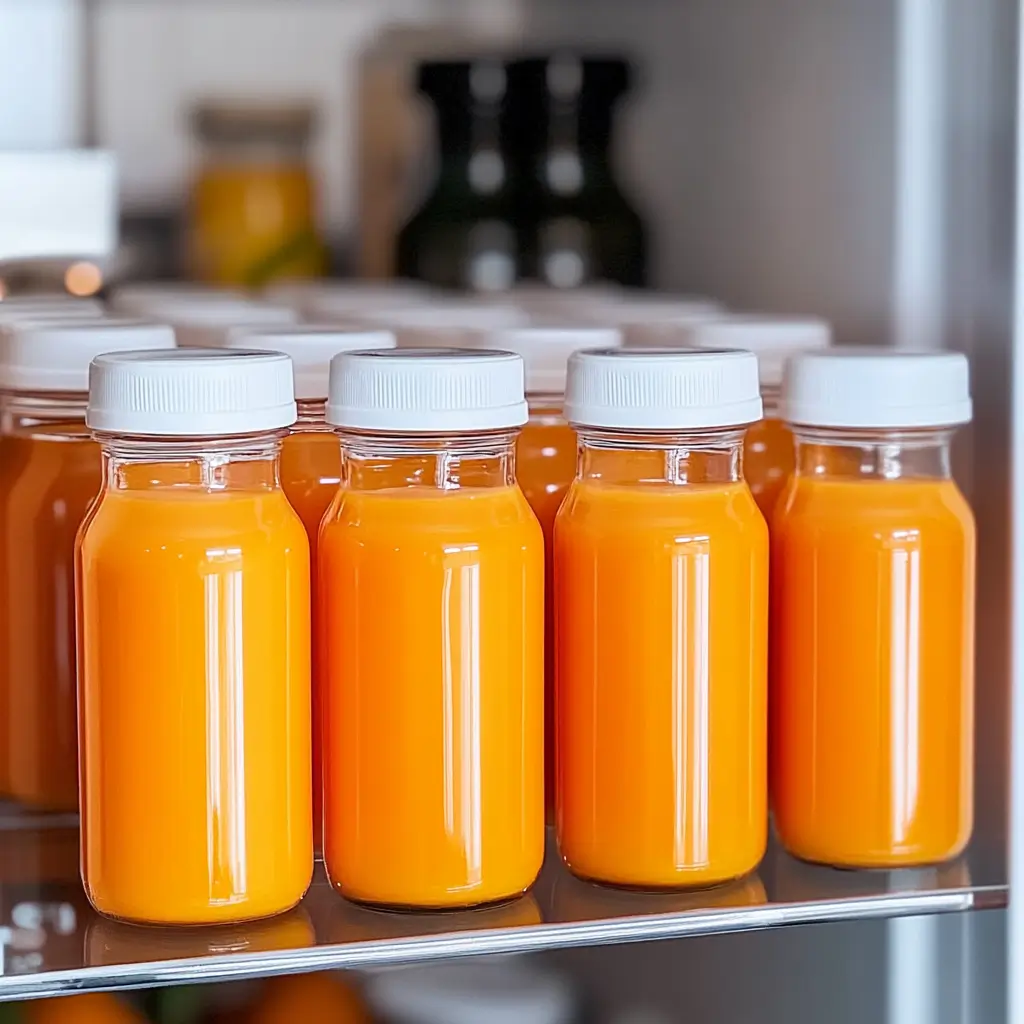 Drink your Retinol Juice Shot Recipe 8 Organized fridge shelf with labeled glass jars of Drink Your Retinol juice