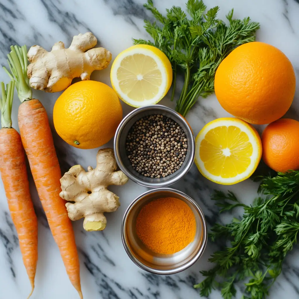 Drink your Retinol Juice Shot Recipe 6 Ingredients for Drink Your Retinol shot with carrots, ginger, citrus, turmeric, and pepper