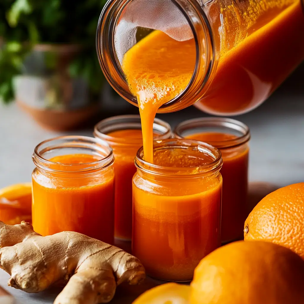 Drink your Retinol Juice Shot Recipe 7 Pouring Drink Your Retinol juice into small glass shot jars
