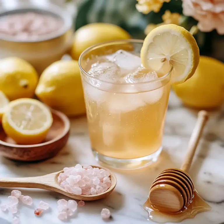 Japanese pink salt drink with lemon slice, pink salt, and honey on marble surface