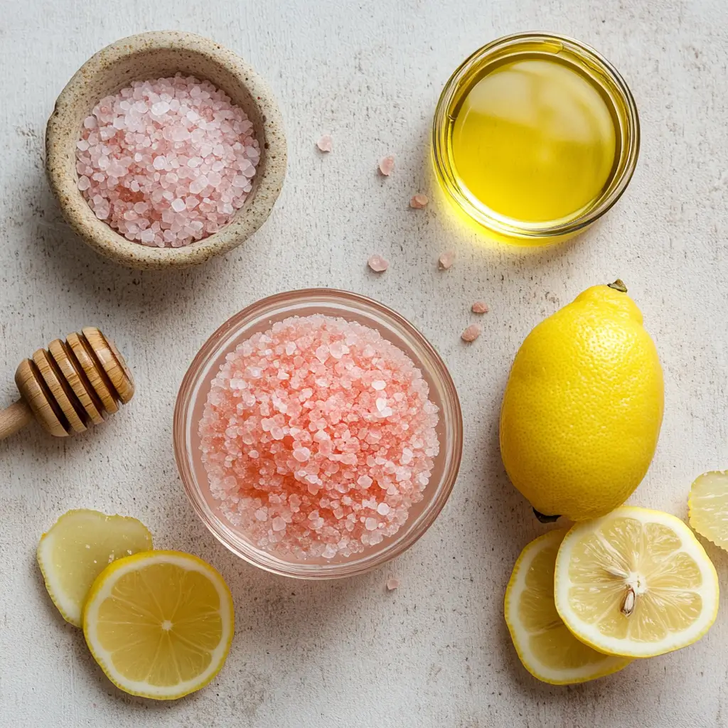 Japanese Pink Salt Recipe: 5 Variations That Actually Work for Health 5 Ingredients for Japanese pink salt recipe including pink salt, lemon, honey, and water