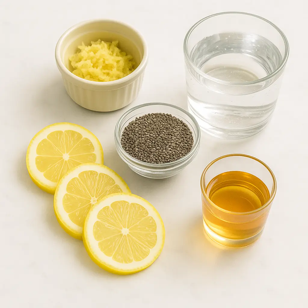 4 Ingredient Zepbound Drink That Works: Natural, Easy, Proven 5 Ingredients for natural zepbound drink including lemon slices, chia seeds, ginger, ACV, and water