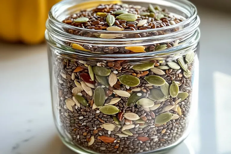 Bariatric Seed Trick blend stored in a glass jar with pumpkin, chia, and flaxseeds