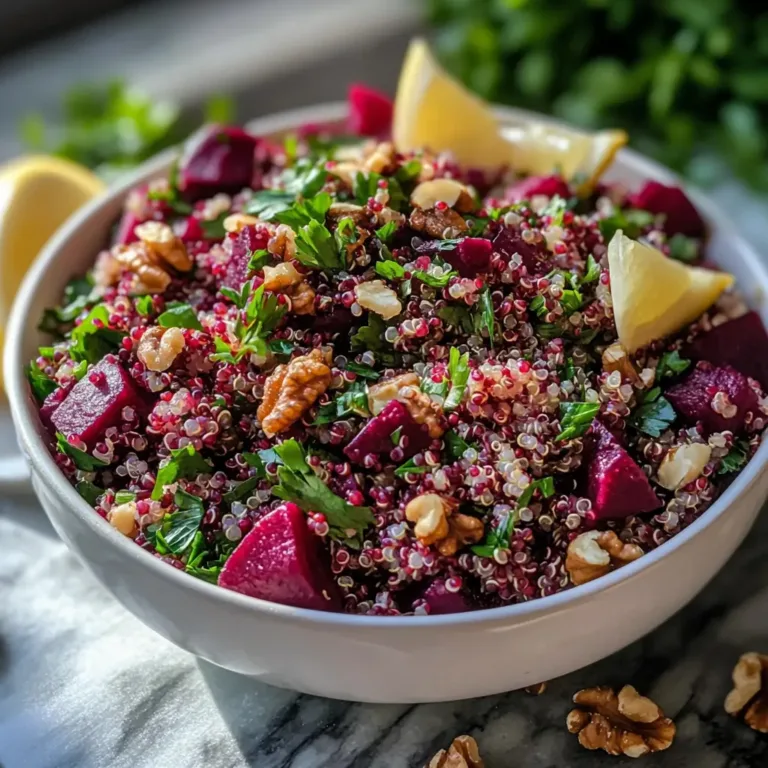 beet and quinoa salad in white bowl with herbs and walnuts