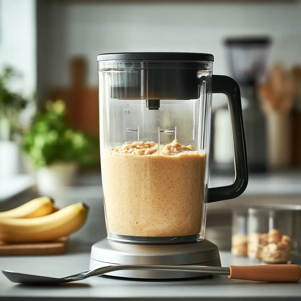 Healthy Oatmeal Banana Bread You’ll Want Every Morning 4 Blending oats and bananas for healthy oatmeal banana bread batter