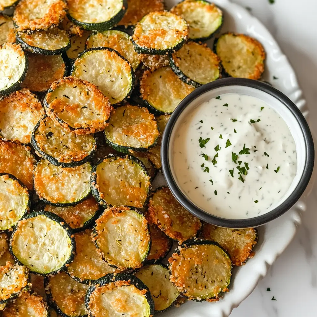 Crispy Baked Zucchini Chips: Healthy, Crunchy & Easy Recipe 2 crispy baked zucchini chips with ranch dipping sauce