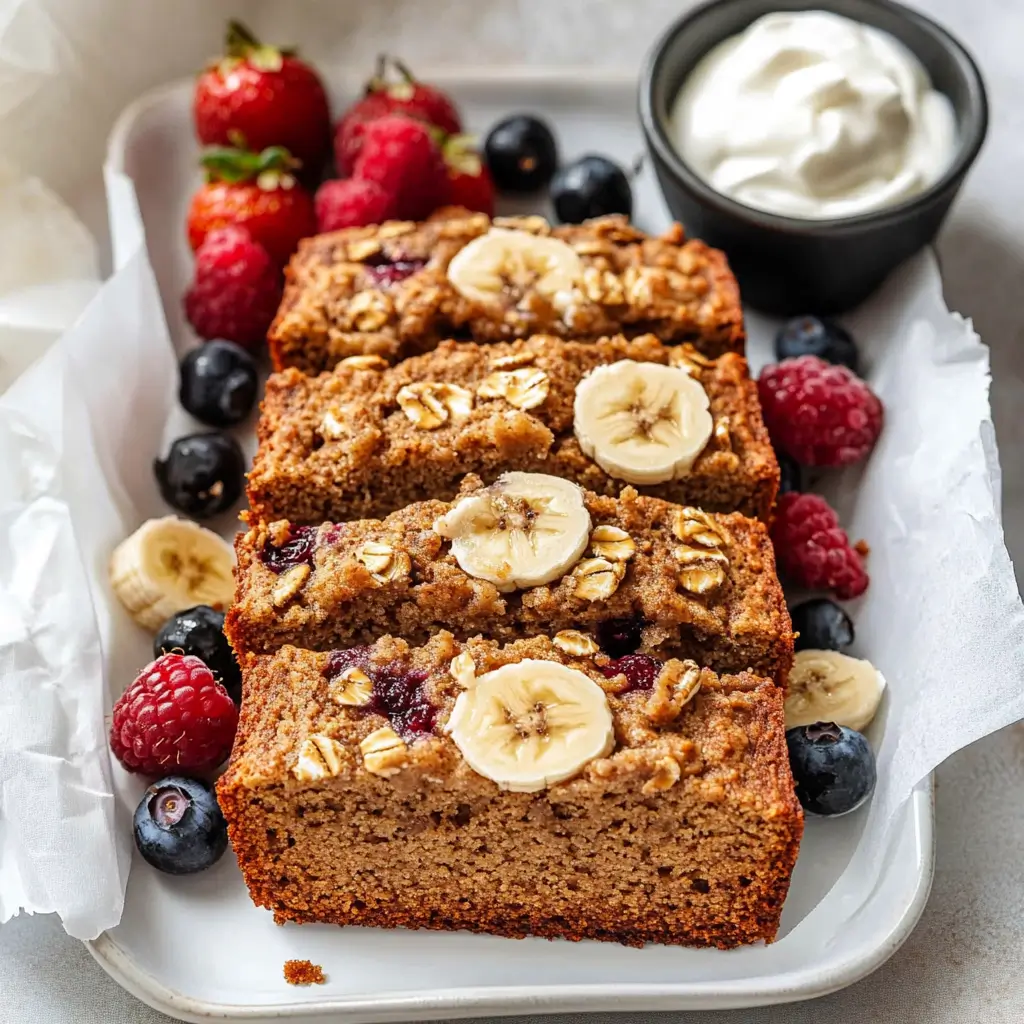Healthy Oatmeal Banana Bread You’ll Want Every Morning 5 Healthy oatmeal banana bread slices topped with banana and oats, served with fresh berries and yogurt