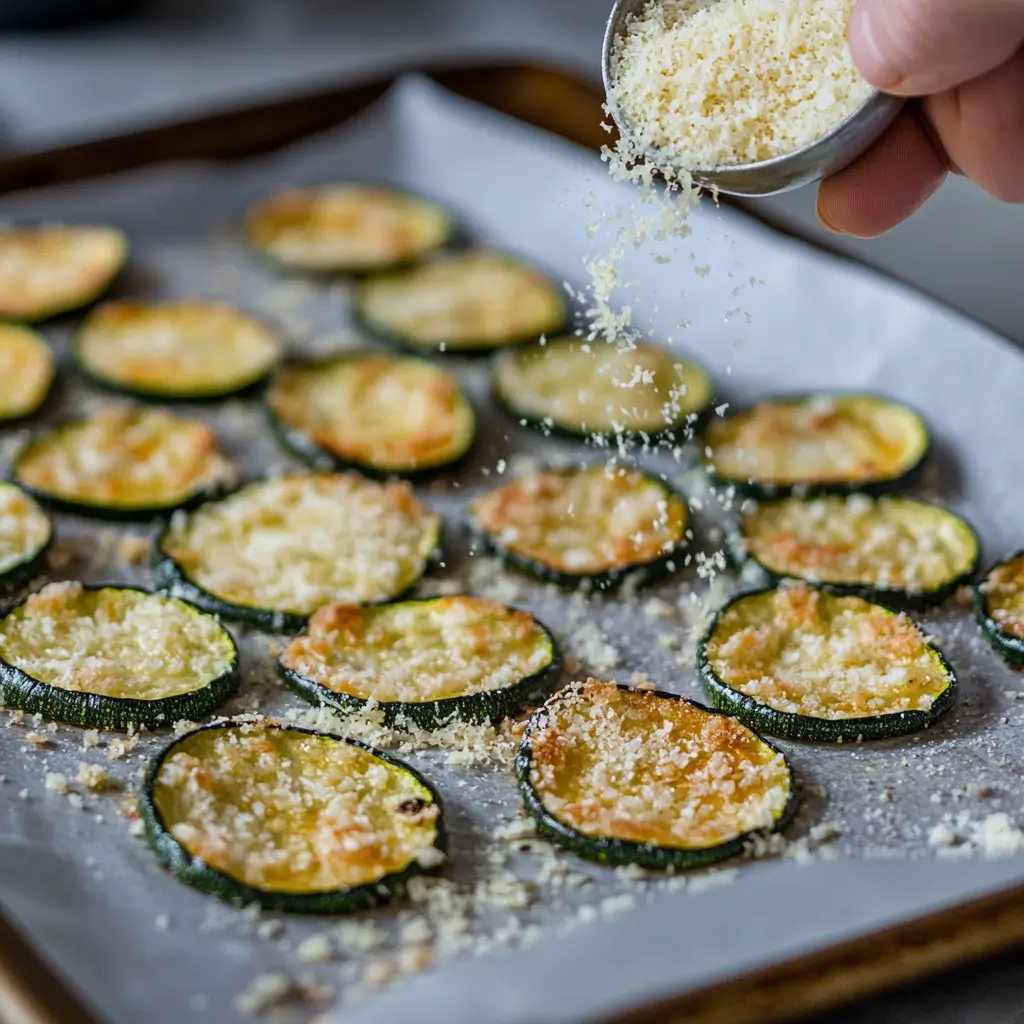 Crispy Baked Zucchini Chips: Healthy, Crunchy & Easy Recipe 8 adding parmesan to baked zucchini chips before second bake