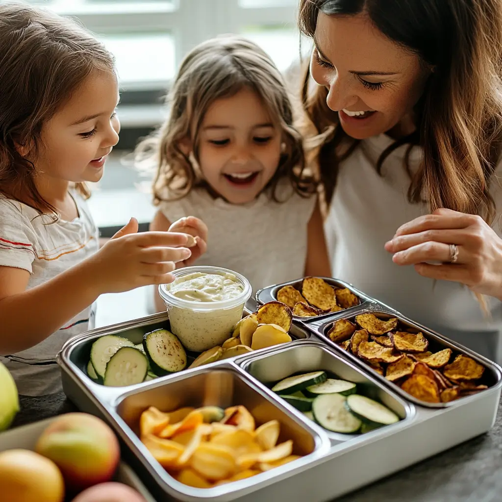 Crispy Baked Zucchini Chips: Healthy, Crunchy & Easy Recipe 9 Lunch box with crispy baked zucchini chips, fruit, dip, and sandwich.