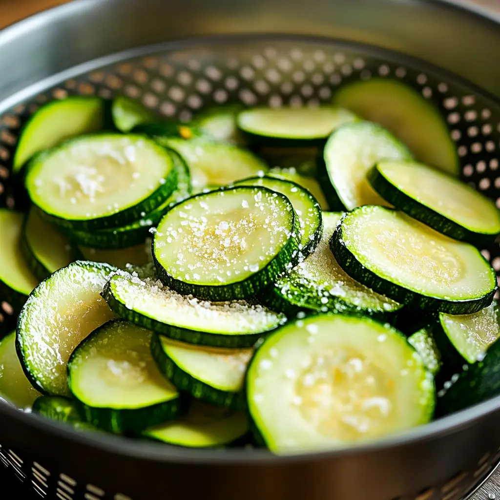Crispy Baked Zucchini Chips: Healthy, Crunchy & Easy Recipe 7 zucchini slices salted in colander for crispy baked zucchini chips