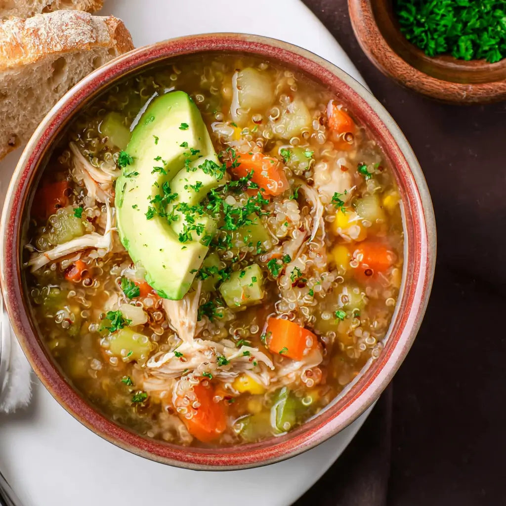 Chicken Vegetable Quinoa Soup 6 chicken vegetable quinoa soup with avocado, carrots, celery, and quinoa served in a bowl