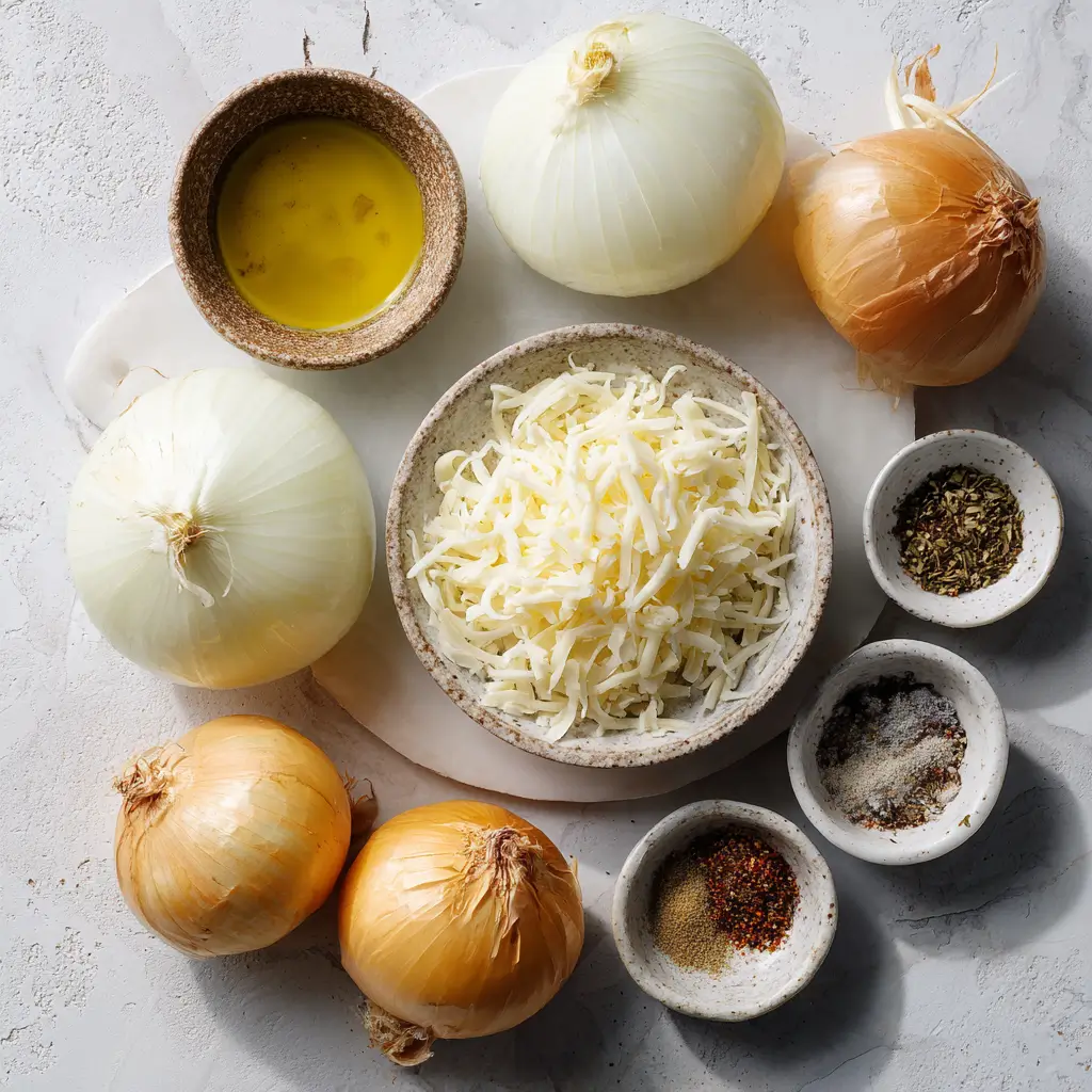 Viral Onion Mozzarella Chips Recipe 3 Flat lay of white and yellow onions, shredded mozzarella cheese, olive oil, and a variety of spices in bowls on a marble surface