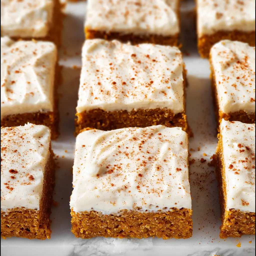 Healthy Pumpkin Bars with Cream Cheese Frosting 2 Healthy pumpkin bars topped with cream cheese frosting and cinnamon