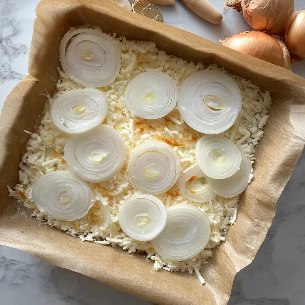 Viral Onion Mozzarella Chips Recipe 4 Overhead view of sliced onions arranged on shredded mozzarella cheese in a parchment-lined baking pan
