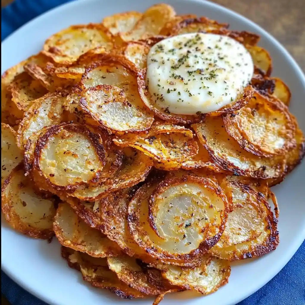 Viral Onion Mozzarella Chips Recipe 2 Golden crispy onion mozzarella chips on a white plate with a dollop of creamy dip