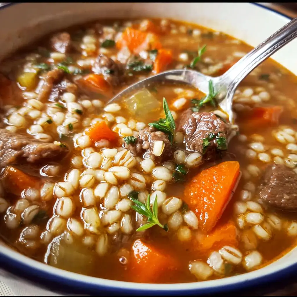 healthy Beef Barley Soup 2 Beef Barley Soup with carrots and pearl barley in a bowl