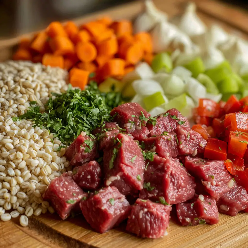 healthy Beef Barley Soup 3 Ingredients for Beef Barley Soup including beef, barley, and vegetables