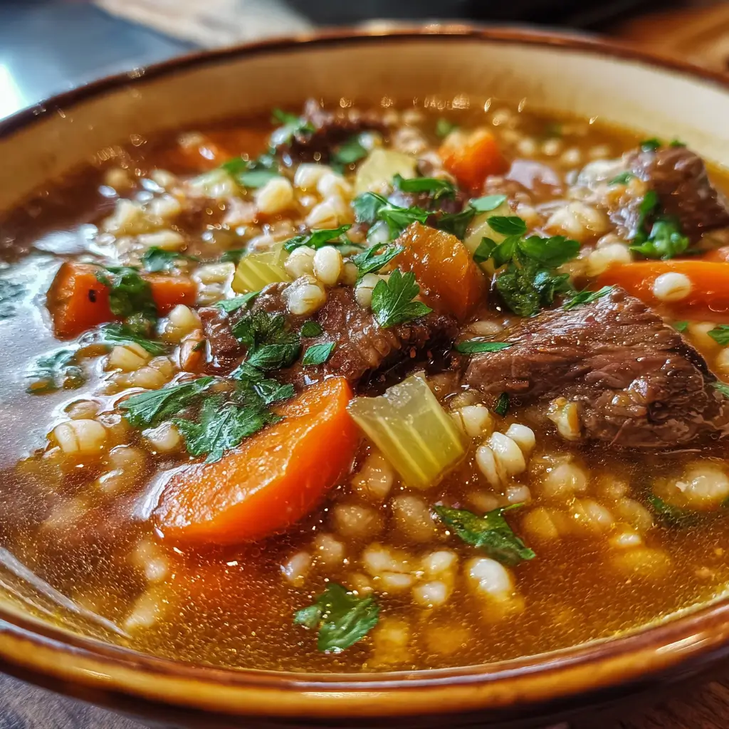 healthy Beef Barley Soup 4 Beef Barley Soup with beef chunks, carrots, celery, and pearl barley