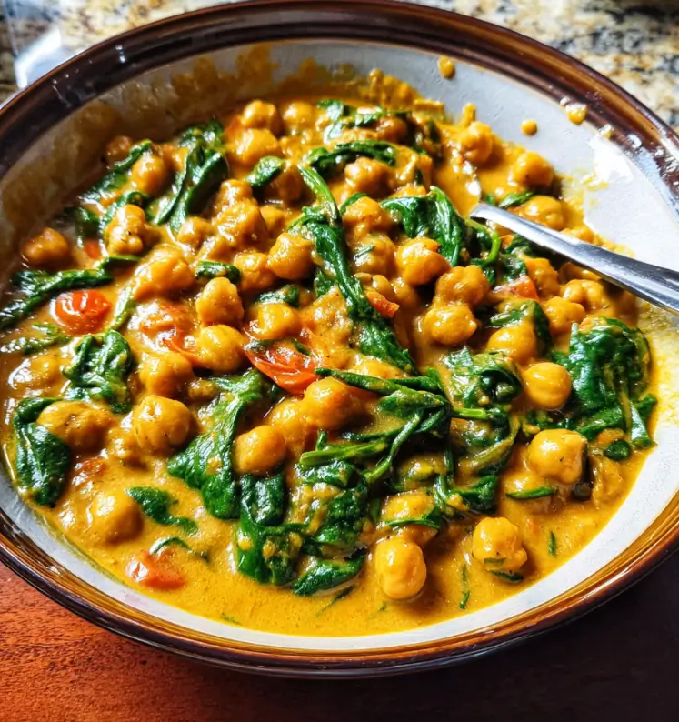 Chickpea and Spinach Curry 3 chickpea and spinach curry in a bowl with creamy coconut sauce