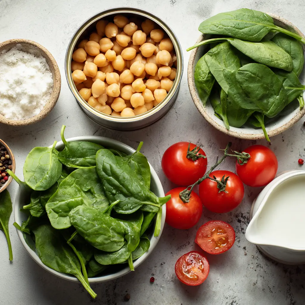 Chickpea and Spinach Curry 4 chickpea and spinach curry ingredients flat lay