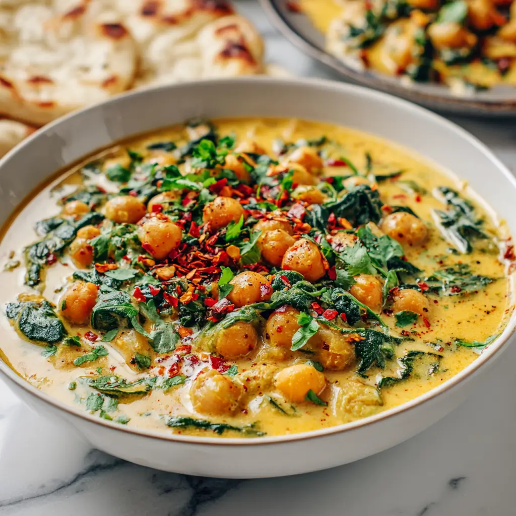 Chickpea and Spinach Curry 2 chickpea and spinach curry served with naan bread