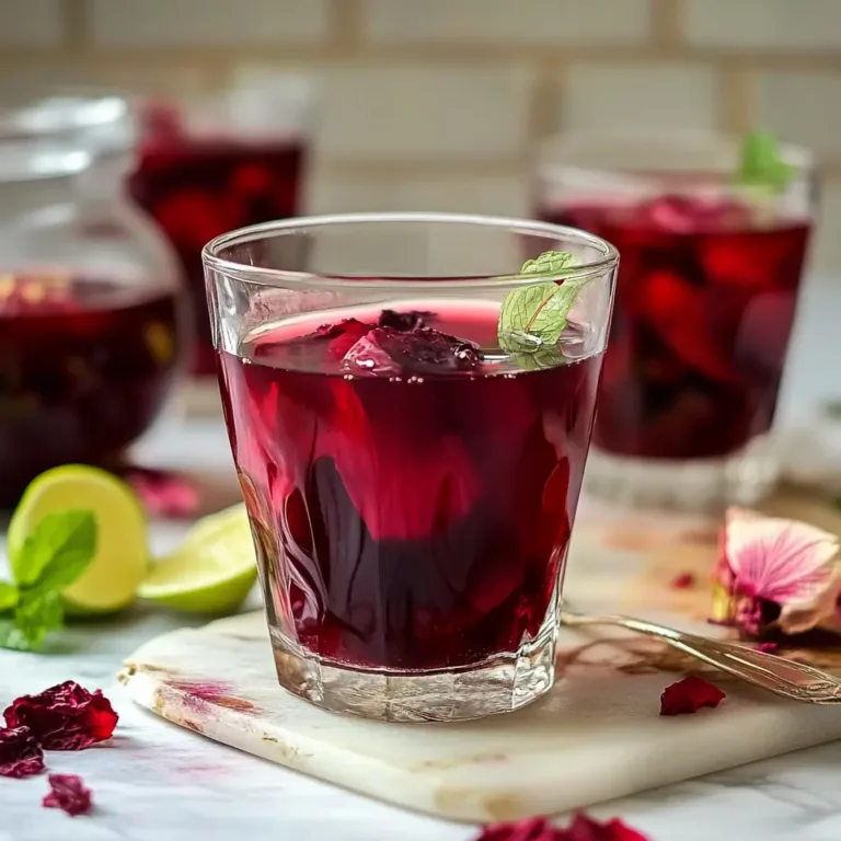 Iced hibiscus tea in tall glass with mint and lime